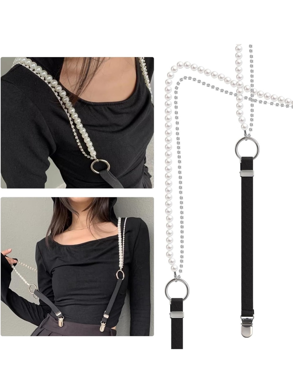 Pearl and Silver Chain Strap with Black Fabric Accent